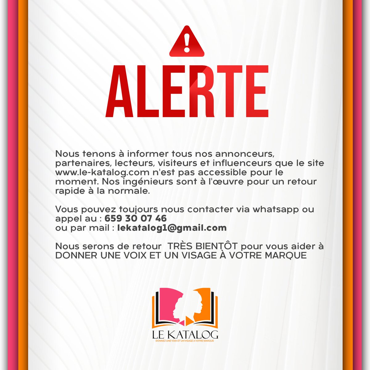 Nou tenons à vous informer que notre site internet le-katalog.com n'est pas accessible pour le moment. 
Nous sommes désolés pour la gêne occasionnée.
Nous reviendrons bientôt pour DONNER UNE VOIX ET UN VISAGE A VOTRE MARQUE.
#InfluencerAutrement #InfluenceMarketing