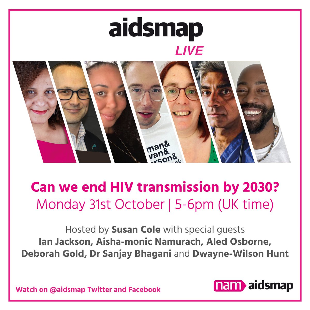 Thrilled to be back in the studio for #aidsmapLIVE 5pm on Mon 31st Oct. I’ll be discussing if we can end HIV transmission by 2030 with an incredible panel: @IJackson78, @aishaladyluck, @aledoz, @deborahagold, @sanjaybhagani & @yoitsmistadee. Watch on @aidsmap Facebook & Twitter