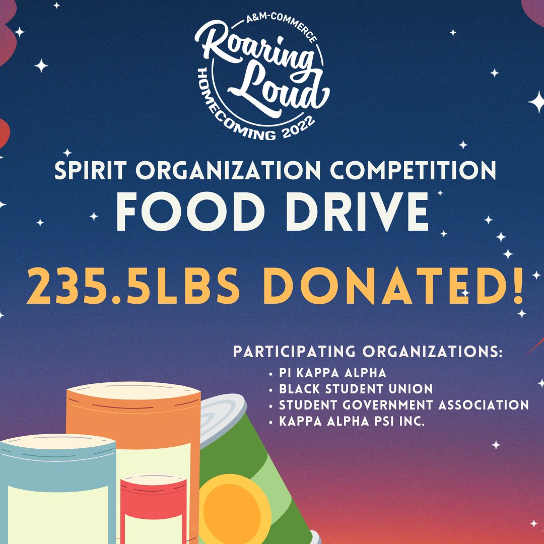 Shoutout to the student organizations that participated in the Homecoming Spirit Competition! Thanks to you all, we donated over 200 lbs of canned goods to our community! <a href="/LionsPantry/">TAMUC The Lion Food Pantry</a> 
#GoLions #TAMUCHOCO22 @Tamuc