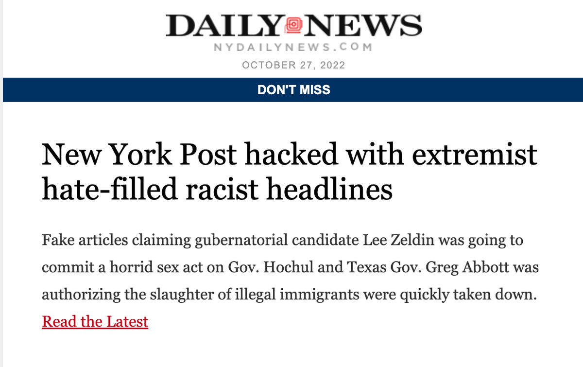 ScottHech's tweet image. The thing bout the NY Post getting hacked with &quot;extremist, hate-filled racist headlines&quot; is that  all day, every day, the NY Post is filled with actual extremist, hate-filled racist headlines written by the NY Post and amplified to millions. It&apos;s literally what they do best.
