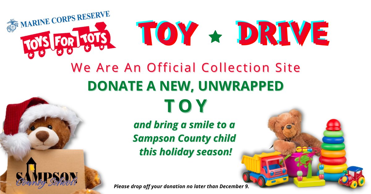 SampsonSchools's tweet photo. We are an official collection site for the @ToysForTots_USA campaign. All our schools & central office are kicking off a season of holiday giving for area children. We are honored to show our support & assistance in bringing joy to children in need. #SCSYes #Hereforthekids https://t.co/L2I7Ivnlin