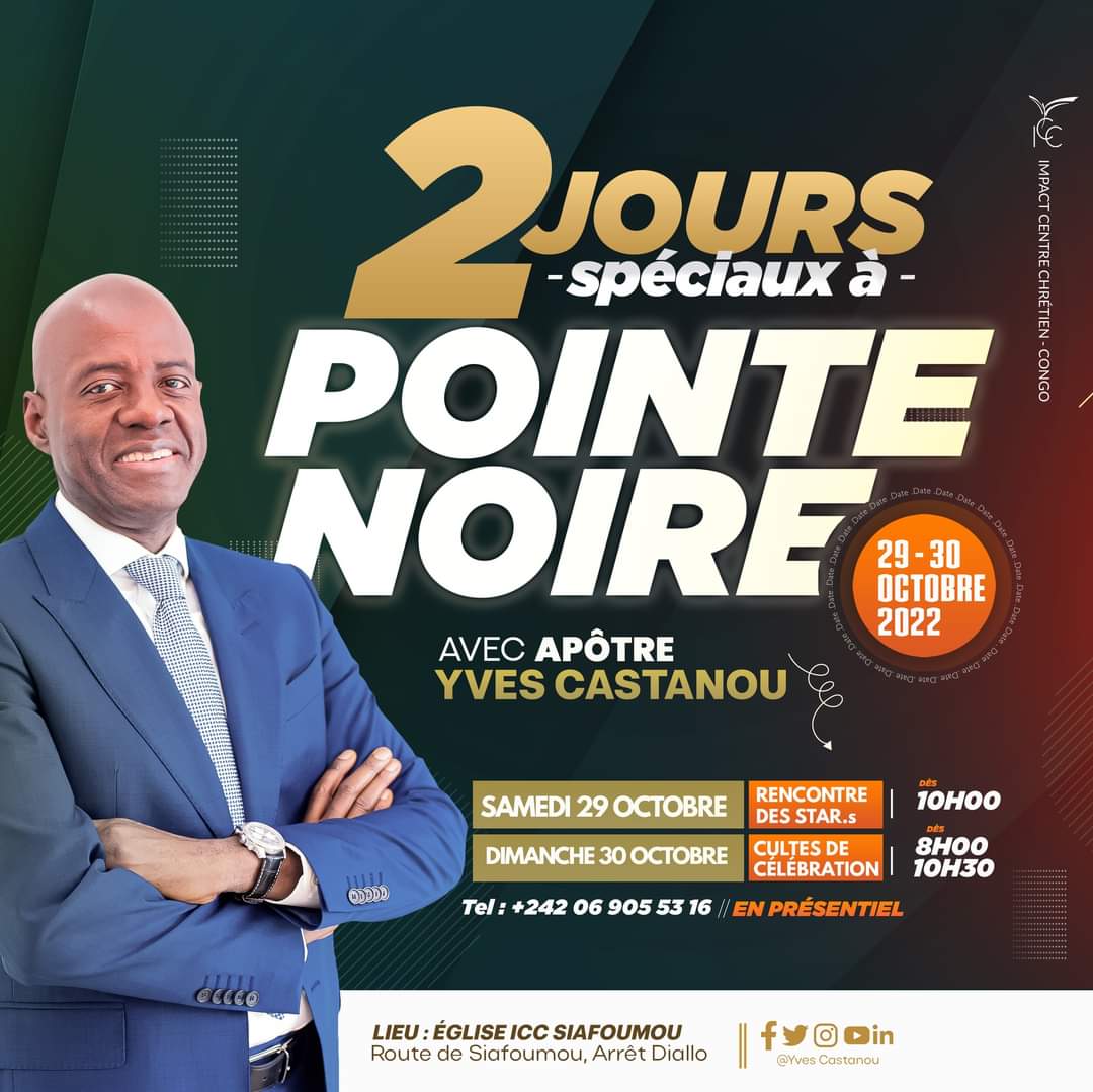 J’aurai le plaisir de vous retrouver cette semaine à Pointe-Noire pour 2 jours spéciaux à l'église ICC SIAFOUMOU. 
Nous aurons des rencontres avec les S.T.A.R (Serviteur Travaillant Activement pour le Royaume) et deux cultes de célébration.
Bénédictions !