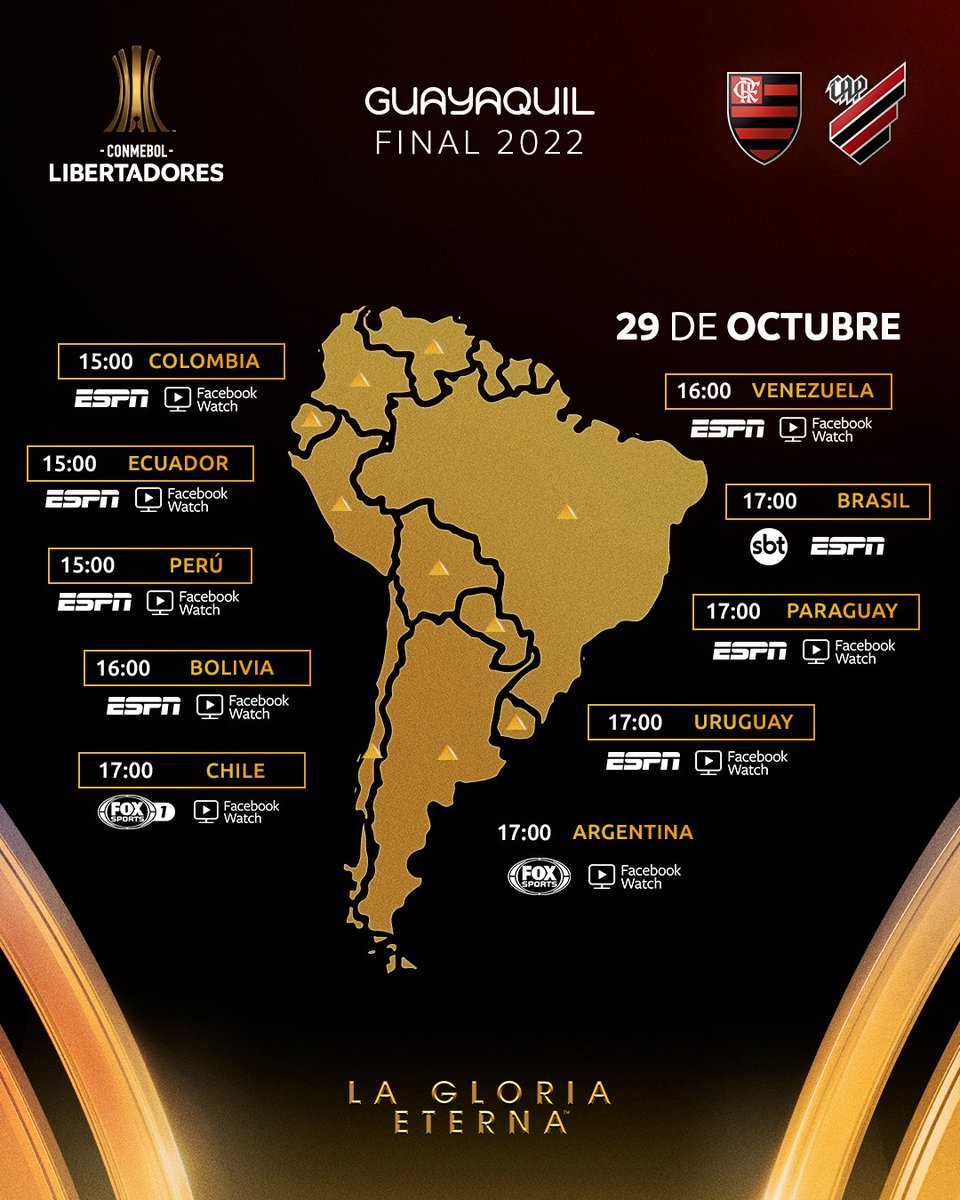 Libertadores's tweet photo. ⏰🏆 ¡La hora de la Final en Sudamérica! @Flamengo y @AthleticoPR van por la #GloriaEterna. 

🔜🇪🇨 Esta tarde, a las 15:00, hora de Ecuador, es la Final de la CONMEBOL #Libertadores en Guayaquil. https://t.co/FYLOaQEapQ