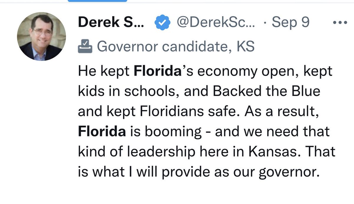 JayCee86137684's tweet photo. @DerekSchmidtKS Remember when #bullschmidt promised he would make Kansas more like Florida?
Well…Kansas outcomes post pandemic exceed Florida’s.
In every category.
🧵 https://t.co/kjfdWuPuj5