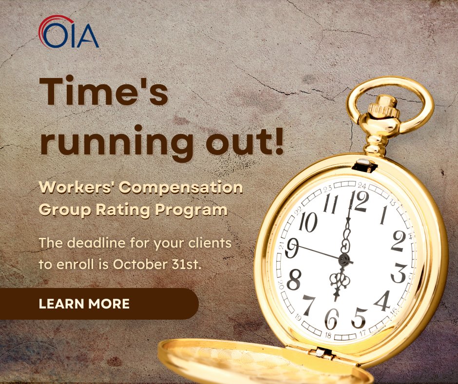 Don't wait! The deadline for your clients to submit their AC-3s for OIA's Workers' Compensation Group Rating Program is October 31st. Take advantage of the the the largest and strongest workers' compensation program in the state! LEARN MORE: bit.ly/32U5dki