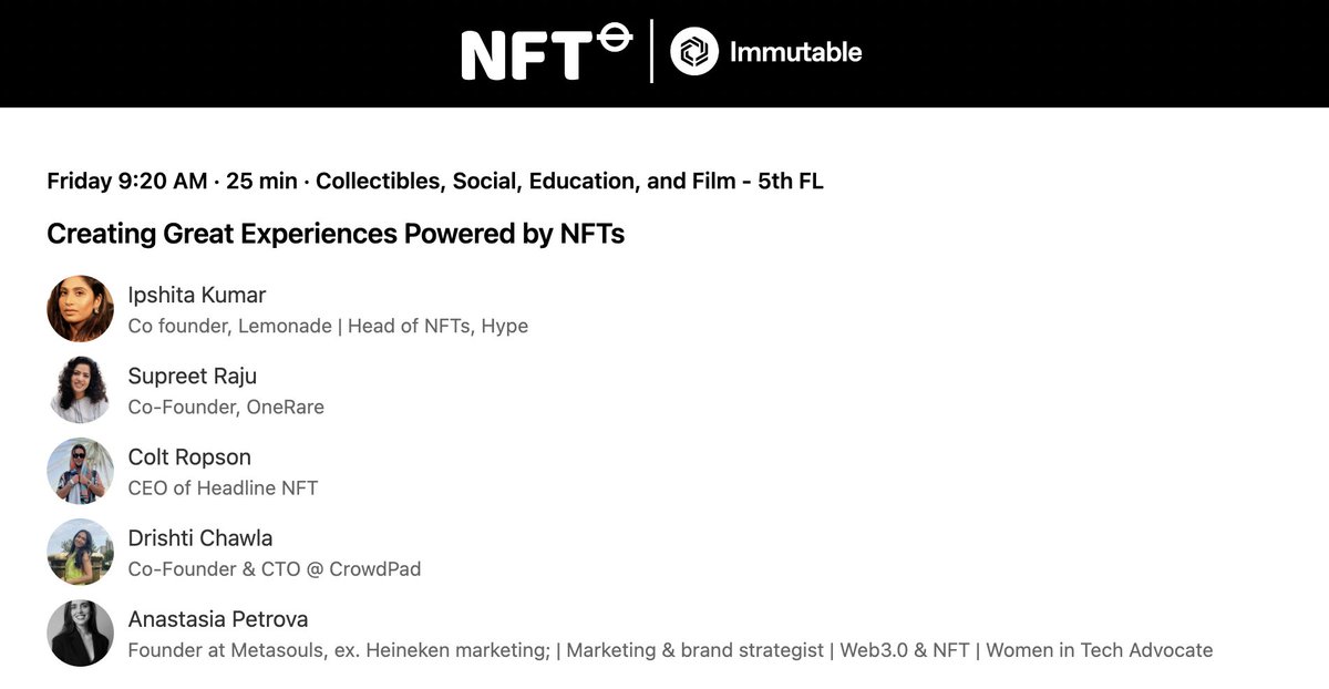 Excited to speak next week at NFT.London by NFT.NYC about "Creating Great Experiences Powered by NFTs" alongside <a href="/cryptokwueene/">Ipshita</a> <a href="/supreetraju/">Supreet Raju</a> @ColtRopson and <a href="/drishtiii/">Drishti</a> !Happy to represent SheNFT <a href="/metasoulsco/">Metasouls • SheNFT Netherlands</a> 
💫 Who is coming? DM me and lets #connect