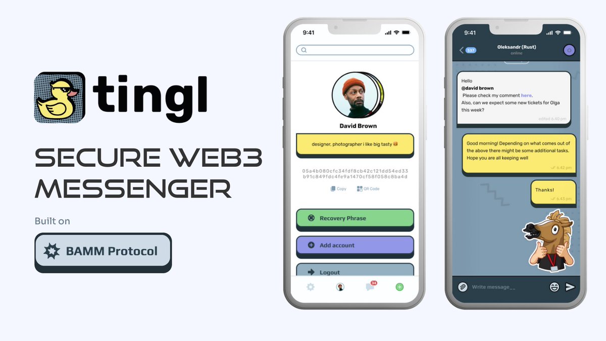 BAMMprotocol's tweet photo. Discover the first product built on BAMM💥 Protocol! @TinglDapp, an open-source encrypted #P2P messenger. Due to the BAMM protocol, tingl achieves higher #Security guarantees to anyone without leaking essential user metadata. 

More info👉 https://t.co/tk6Qaiv0WN https://t.co/NTfXcFQ69n