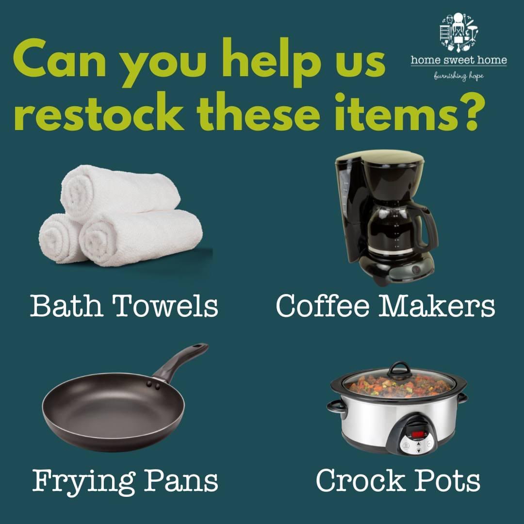 We are urgently in need of a few key items for our #HomeSweetHome families. Drop off donations M-F from 9 AM to 2 PM at 290 Hanley Industrial Court in Brentwood, MO. If you'd like to donate any items directly from our Amazon wishlist, visit a.co/90y5dLB. Thanks!