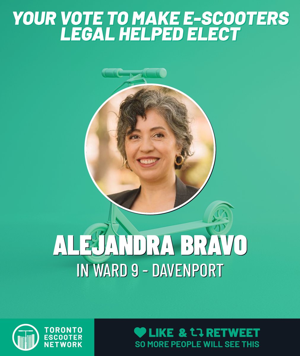 TO_EScooterNet's tweet photo. Congratulations to @BravoDavenport  on winning in Ward 9 - Davenport. It's great to have another councillor who supports making e-scooters legal with sensible safety rules. https://t.co/KmzB7K6V4r