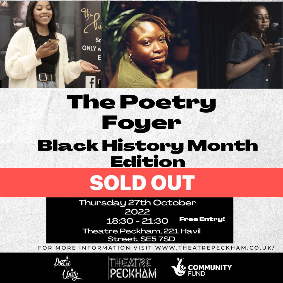 Poetic_Unity's tweet photo. TONIGHT! SOLD OUT! 

The Poetry Foyer - Black History Month Edition @theatrepeckham 🎉

Our featured poets on the night:

Zia Rock
Tolu Elusade
Qutorf https://t.co/58bXbwe9yL