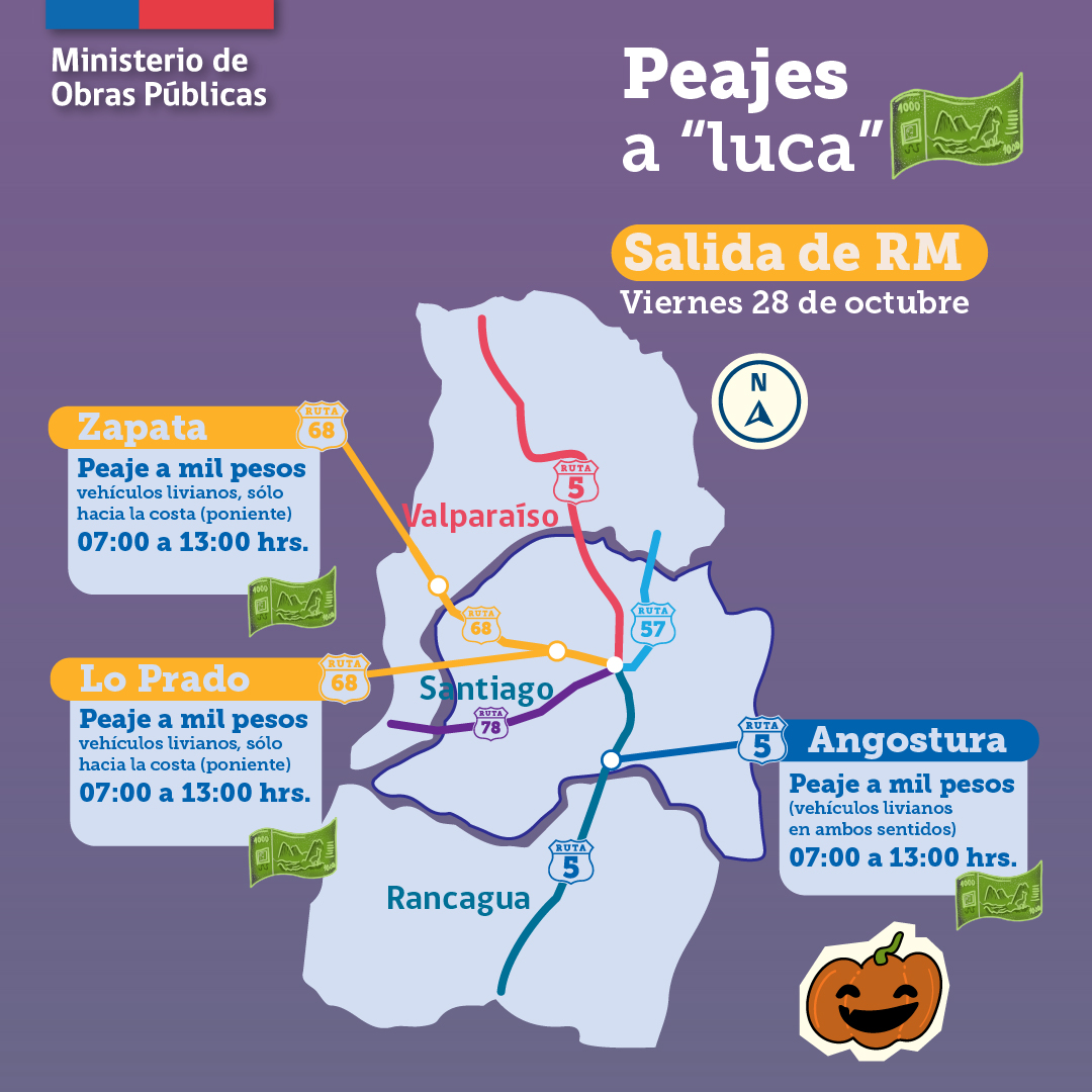 🔴Durante la mañana del viernes 28, habrá peaje rebajado a $1.000 en la #Ruta68 hacia la costa y en la #Ruta5 sur, en ambos sentidos, en la zona sur de la Región Metropolitana. #PlanificaTuViaje 🧵3/4