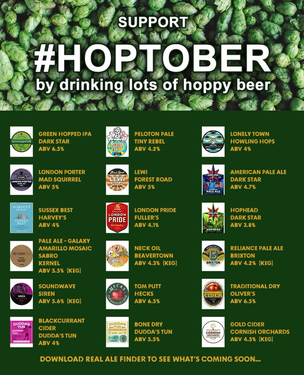 On the bar today!
Beer Board: goo.gl/9ur5WA

#hoptober <a href="/Darkstarbrewco/">Dark Star Brewing Co</a> <a href="/tinyrebelbrewco/">Tiny Rebel</a> <a href="/HowlingHops/">Howling Hops</a> <a href="/madsquirrelbrew/">Mad Squirrel Brewery</a> <a href="/ForestRoadBrew/">Forest Road Brewing Company</a> <a href="/Harveys1790/">Harvey's Brewery</a> @Fullers @CAMRAWestLondon
#RealAleFinder