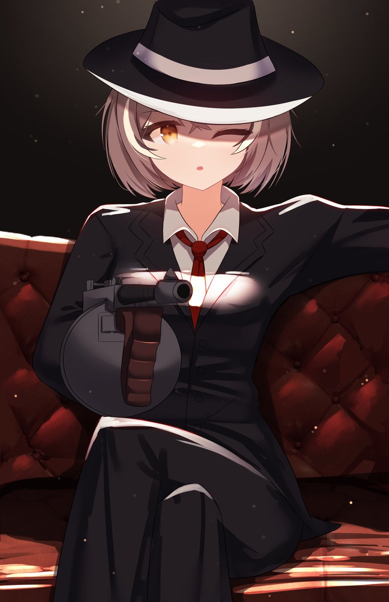 nanashi mumei 1girl gun weapon streaked hair hat short hair necktie  illustration images