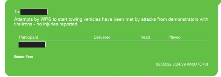 This text from Carrique to Lucki on Feb. 8, reporting that Windsor Police attempts to tow protest vehicles were attacked by protesters with tire irons... ('no injuries reported')