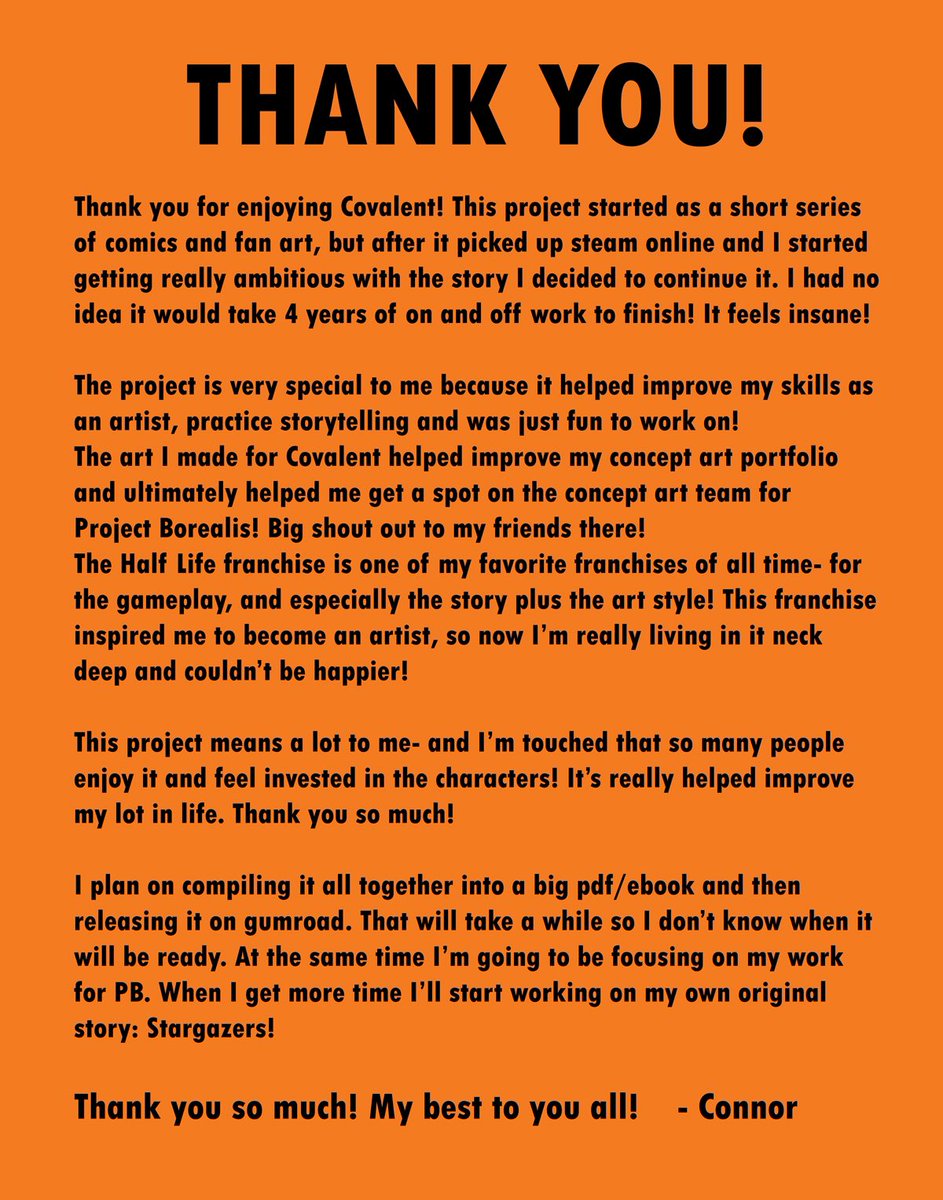 cbremnerart's tweet photo. Covalent’s main story is over. An ebook is coming, it will take a while though. You can check out the Covalent Twitter until it’s ready! Please read my thank you message if you have the time. All of this means a lot to me &amp; I thank each and every one of you!
#CovalentHL2 https://t.co/52x2Sfyv5q