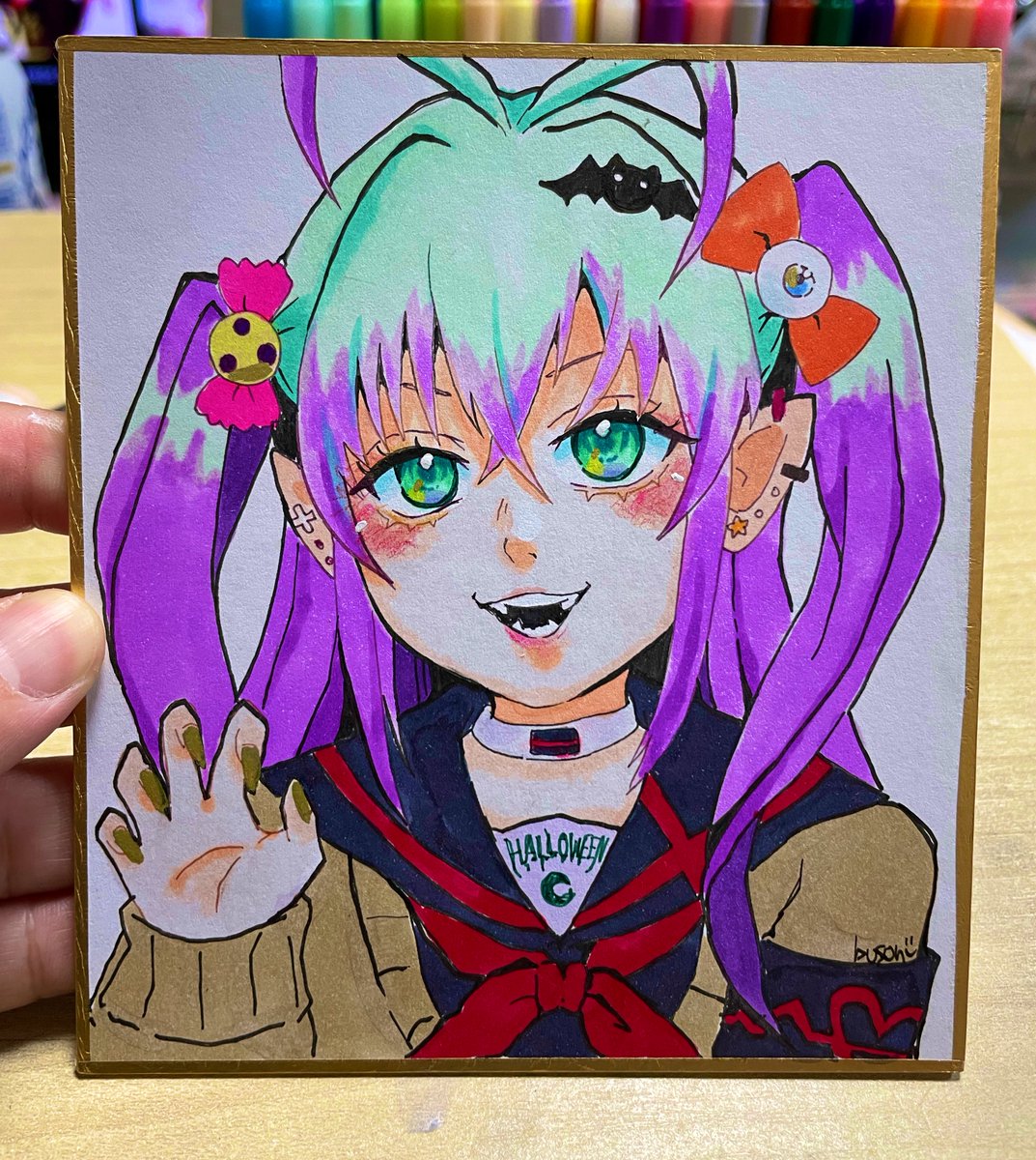 1girl traditional media solo school uniform fangs pointy ears purple hair  illustration images