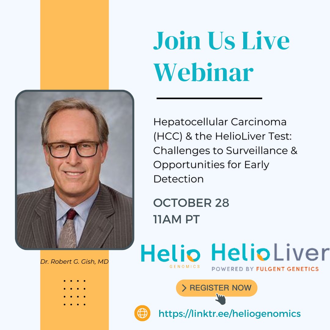 heliogenomics's tweet photo. As #LiverCancerAwarenessMonth comes to an end, do not forget to tune into the live Webinar this Friday, October 28, at 11am PT as Dr. Robert Gish shares on HCC and the importance of liver surveillance. Register here: https://t.co/2WpzDudLfY  #Webinar #HelioLiver #HelioGenomics https://t.co/RYCm2s7B6K