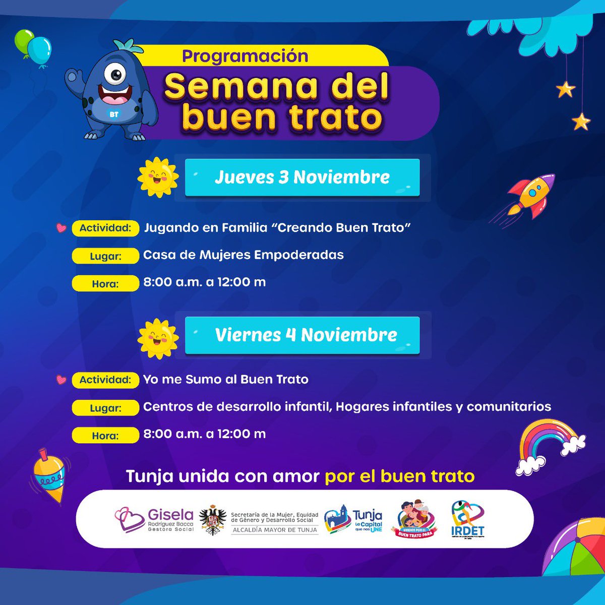 SecMujerTunja's tweet photo. Te esperamos para que disfrutes una semana de mucho aprendizaje y amor en familia 👨‍👩‍👧‍👦
Únete y haz parte de las actividades que tenemos preparadas para nuestros niños y niñas. 

#SemanaDelBuenTrato
#TunjaLaCapitalQueNosUne https://t.co/C3Rnsg7qdE