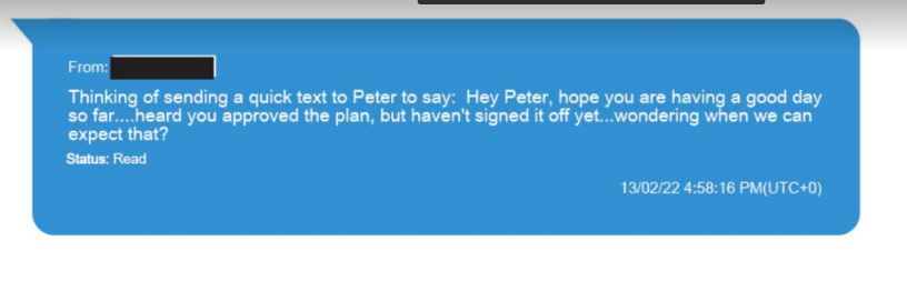 Lucki text to Carrique on Feb. 13. Shows they were concerned he hadn't approved the new plan that day (we've heard similar things about that in previous testimony)