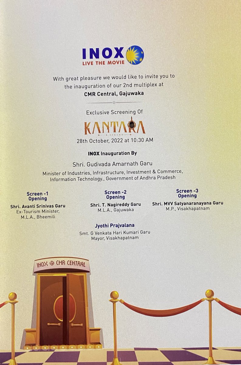 CMR @INOXMovies, Gajuwaka Grand Opening Tomorrow with Exclusive Screening of #KantaraTelugu movie at 10:30AM. @KantaraFilm