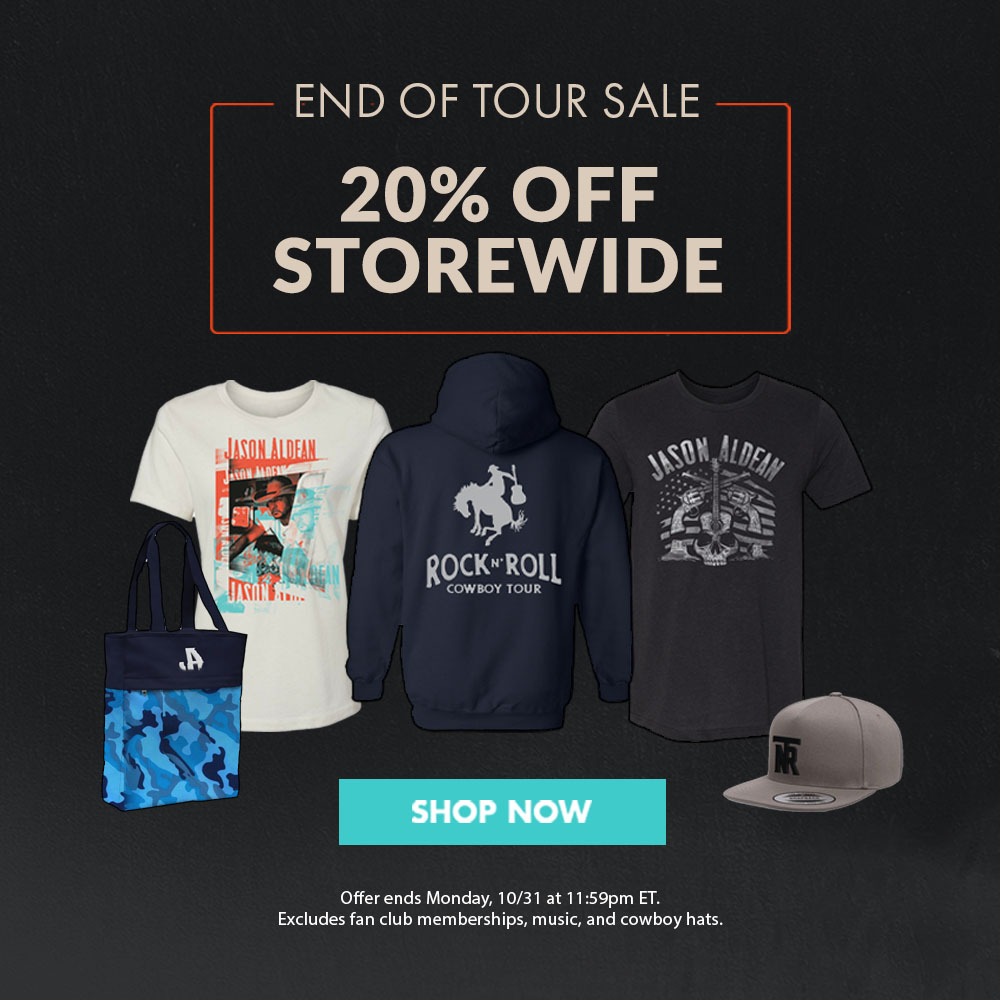 We're wrapping up the #RockNRollCowboyTour with 20% Off Storewide in the Jason Aldean Online Store now through Monday, 10/31. Shop now: store.jasonaldean.com.