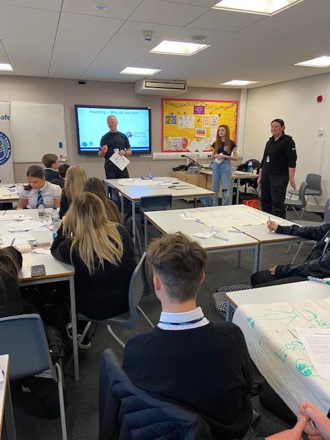 PSOSInverclyde's tweet photo. Officers from Safer Communities and Gourock CPT attended St Columbas High School with Aimee from @IammeScotland to deliver the Keep Safe Ambassador Training, raising awareness of Disability Hate Crime.
Well done to all the pupils who attended.
#KeepSafeScotland #ReportHate https://t.co/FZ0BVrRk3J