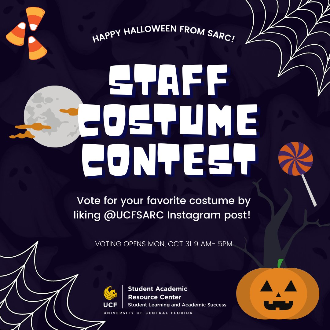 UCFSARC's tweet photo. Happy (almost) Halloween, Knights! 🎃👻🍬SARC staff members are getting ready to compete for you votes for best costume, so get your ‘like’ fingers ready! #SARCHalloween2022 #UCFSARC #Fall2022 #ACECoaching #PeerTutoring #SupplimentalInstruction https://t.co/2u6kW1JUcJ