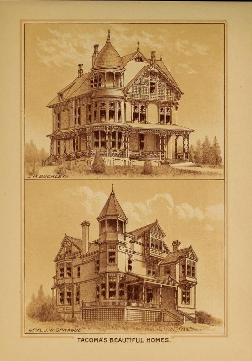 Two of Tacoma's Beautiful Homes, ca. 1888. ⁠
⁠
Top image - #home of J.M. Buckley, namesake of Buckley's Gulch. 
Lower image - home of General J.W. Sprague, #Tacoma mayor in 1884.⁠ Both men were leaders with the NPRR.
⁠
From Tacoma and Vicinity, archive of @LibraryCongress.