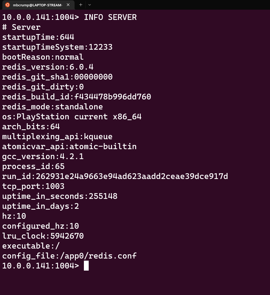 crump_youtube's tweet photo. Look what we have here! Oh, our PS5 is running REDIS 6.0.4! https://t.co/fxLtp4ktx4