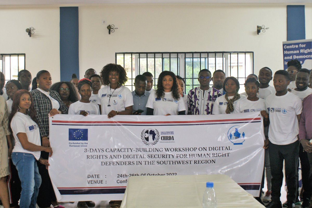 AgborNkonghoF's tweet photo. 3 day Training on digital rights and security for HRD’s in the SWR. This is part of a two year project on “Improving human rights protection in the conflict-affected regions of Cameroon.” Co-Funded by the EU  and being implemented by CHRDA  from the 24 to 26 October 2022. https://t.co/znD20x4h5d