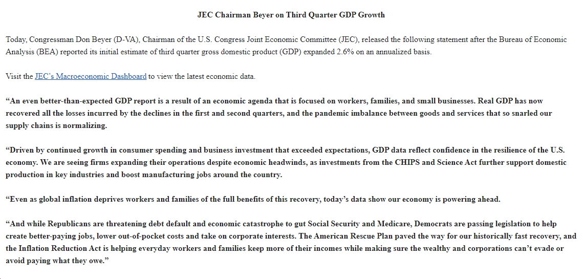 JEC Chairman @RepDonBeyer on 3Q22 GDP Growth: “while Republicans are threatening debt default & economic catastrophe to gut Social Security & Medicare, Democrats are passing legislation to help create better-paying jobs, lower out-of-pocket costs...' bluevirginia.us/2022/10/presid…