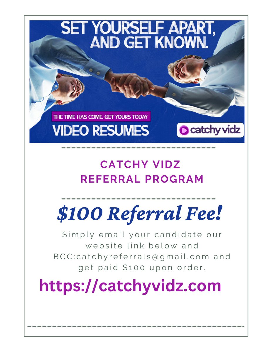 Earn $100 and refer your jobseeker friend to catchyvidz.com #videoresume #visualresume #opentowork #JobSeekers #resume
