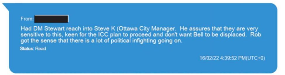 Feb. 16, Lucki says she asked the Deputy Public Safety Minister to take to Steve K from the city, amid concerns Interim Chief Bell would be replaced before occupation was dealt with. She tells Carrique the DM “got the sense that there is a lot of political infighting going on.”