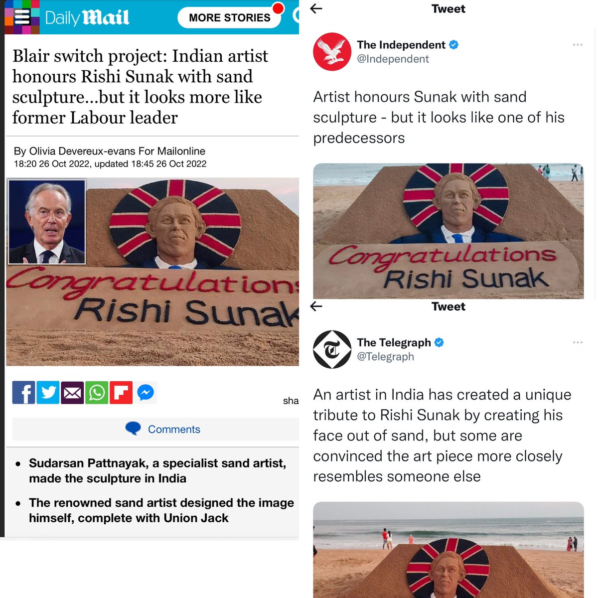 I would like to clarify, My sand sculpture was on newly appointed UK PM @RishiSunak. As an Artist I have tried my best to portray Mr Rishi Sunak through my sand art. It was my only intention to congratulate Mr Sunak and nothing else.