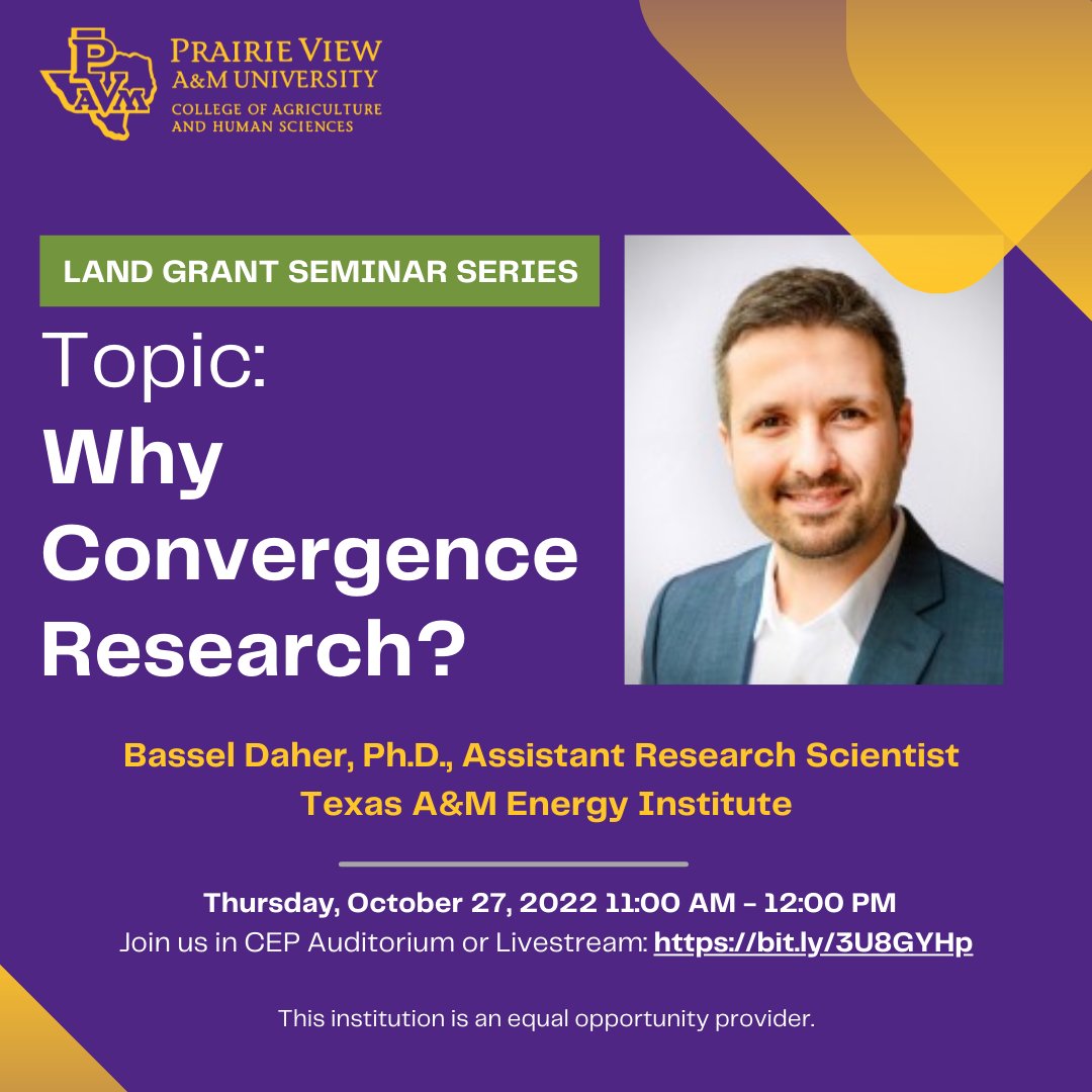 pvamucahs's tweet photo. WE'RE LIVE! Tune in now as we continue our Land-Grant Seminar Series with Bassel Daher, Ph.D., Assistant Research Scientist at Texas A&M Energy Institute!! #PVAMU #CAHS #AgLife #AgisBack #PVAMUCAHS #USDA #USDANIFA https://t.co/xSvuSi7LCd