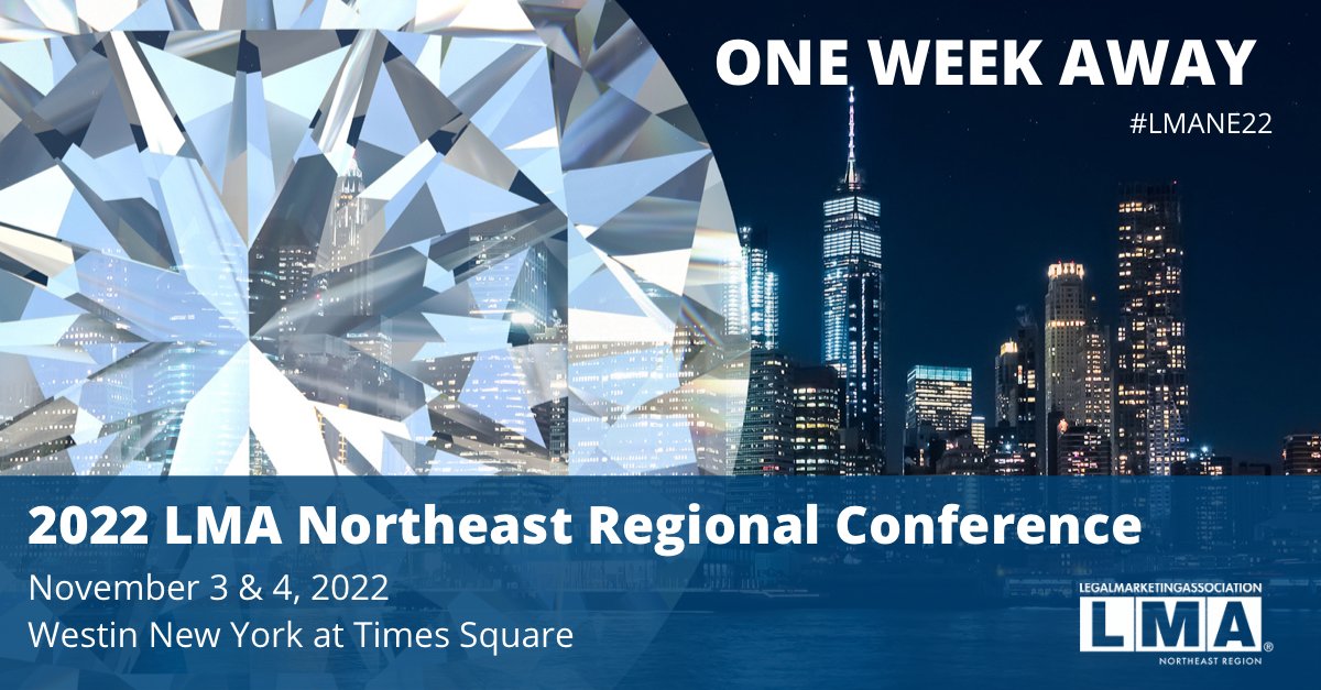 We’re just one week away from #LMANE22💎!!!

Prices increase TOMORROW 10/28. Register today and save: bit.ly/3syElCM

#LMAmkt #LegalMarketing #MarketingConference
