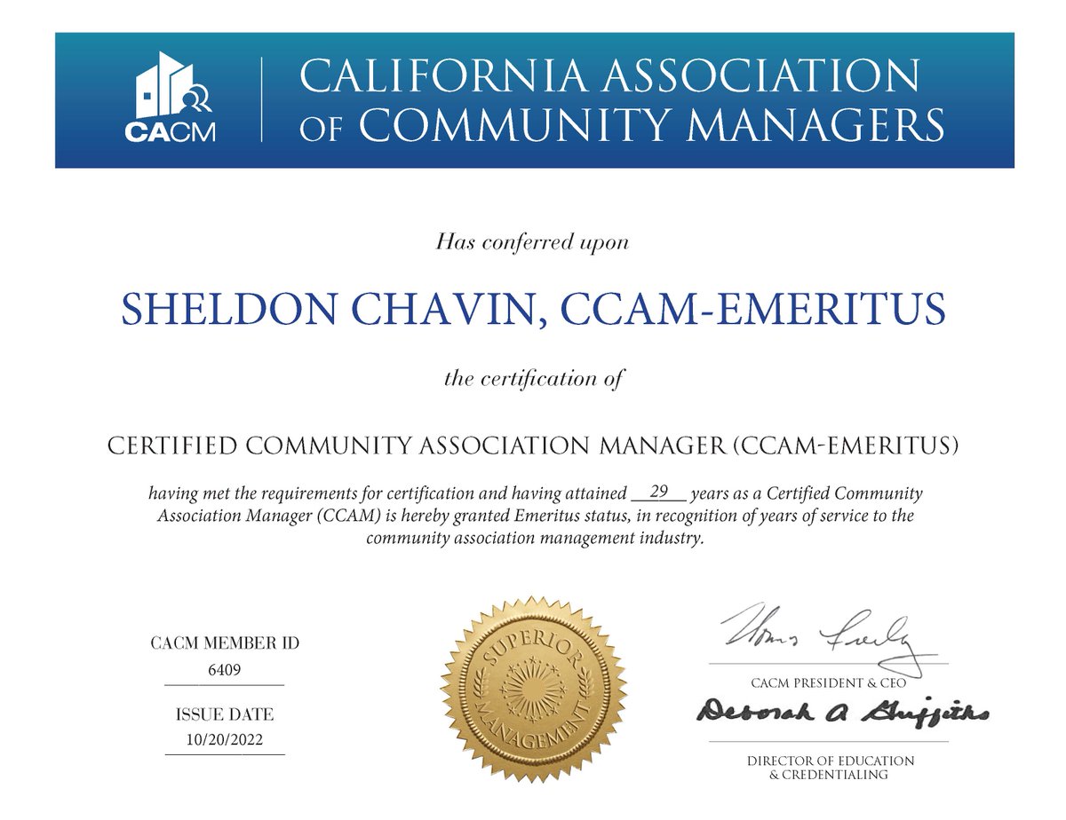 CACMchat's tweet photo. Longtime member Sheldon Chavin was recently awarded Emeritus designation. He's been a certified community association manager for 29 years, joining #CACM in 1992, just a year after its inception.
#Emeritus #CCAM #HOA #longtimemember https://t.co/9ReYvB5CTU