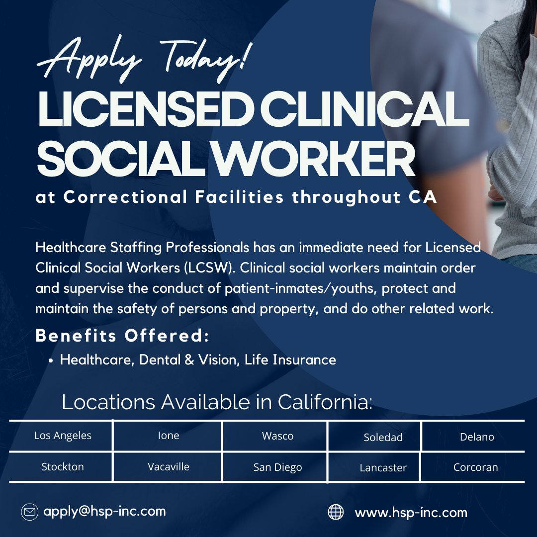 HSP is looking to hire qualified Licensed Clinical Social Workers to fill positions throughout CA. Want to learn more about what these positions offer? Reach out to us today to connect with a recruiter. 866-975-3968 #lcsw #socialworker #socialworkerjobs #mentalhealth