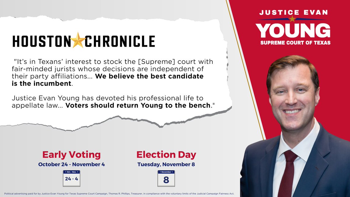 The <a href="/HoustonChron/">Houston Chronicle</a> has endorsed my campaign to continue serving you on the Supreme Court of Texas. In every single case, I will apply the law wherever it leads, without fear or favor. I ask for your vote and your support. #SCOTX #AppellateTwitter