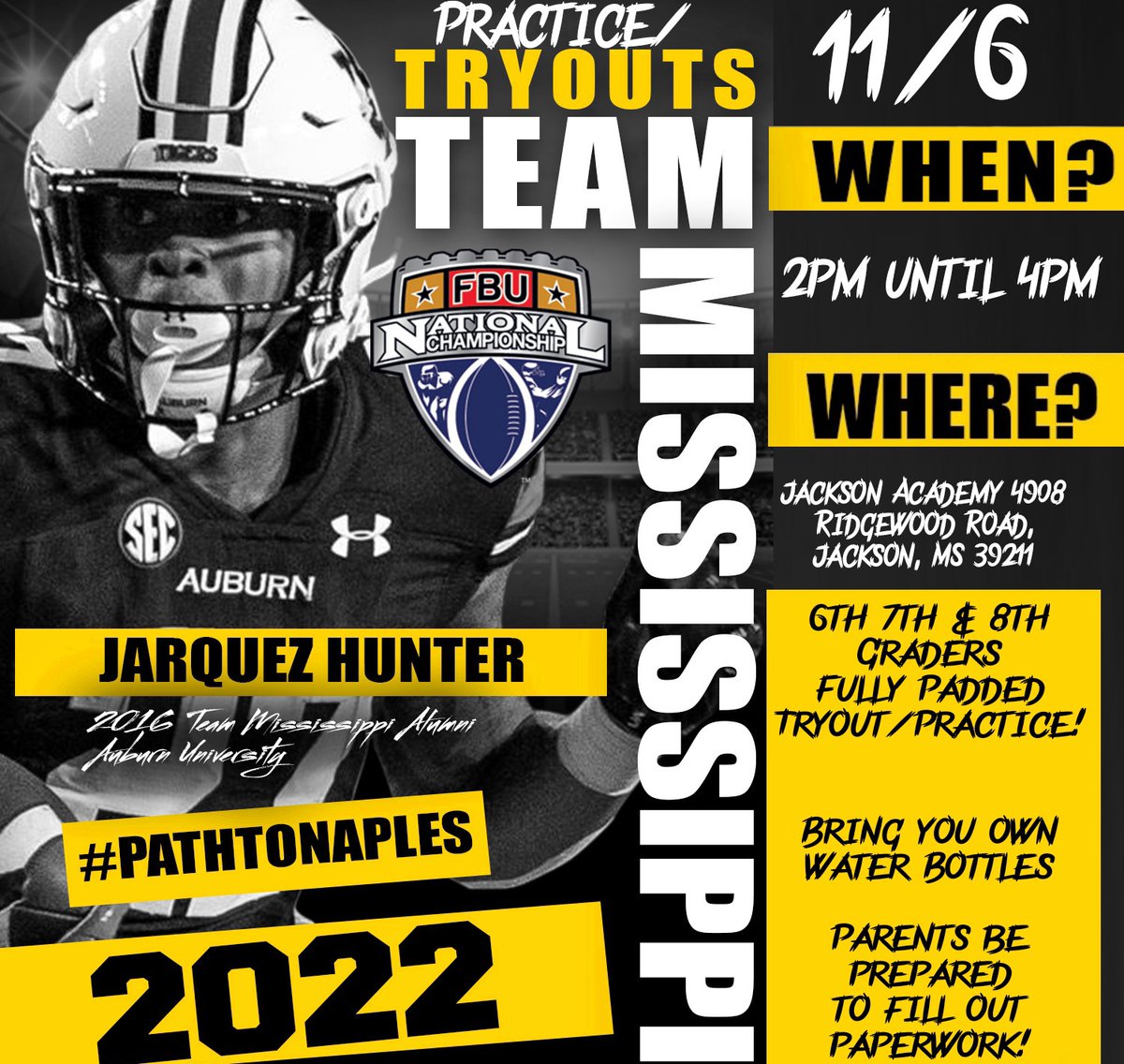 US_ArmyBowlMS's tweet photo. South Mississippi an Mississippi Gulf Coast let's get ready to Rumble in the FBU ATL Regional! Tryout/Practice November 6th 2pm Jackson Academy! 6th 7th & 8th Grade! https://t.co/Xs3EKjqbIb
#ThePathToNaples
@FBU_NC @FBUAllAmerican https://t.co/JwxfO4YQjs