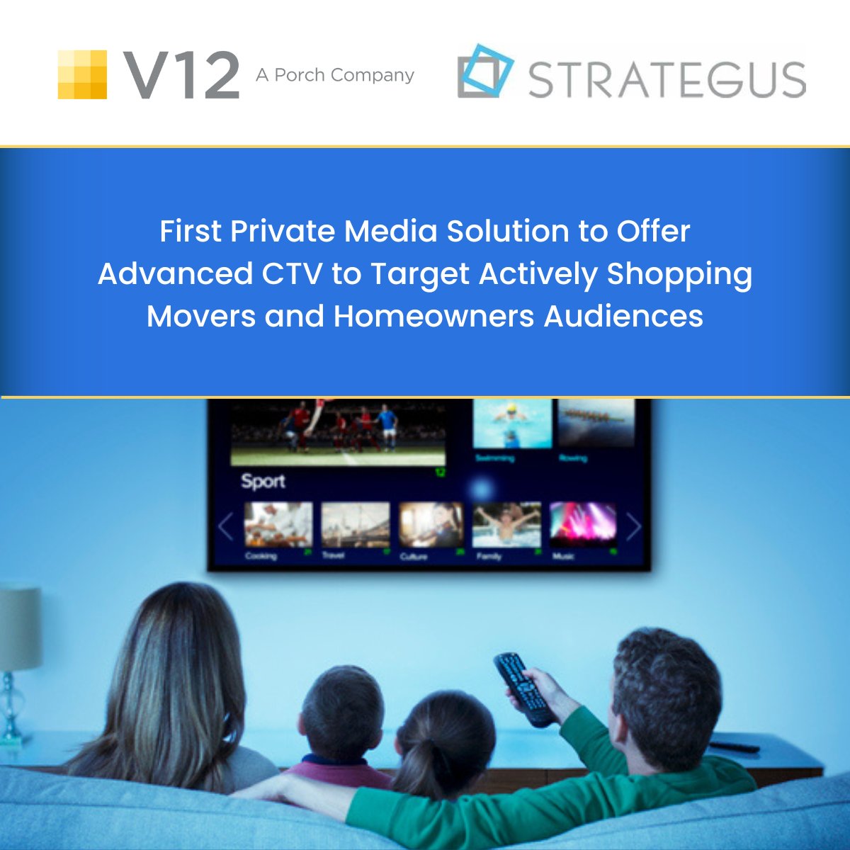 V12, a <a href="/PorchGroup/">Porch Group</a> company, partners with <a href="/Strateg_us/">Strategus</a> to expand media #advertising solution through #connectedTV offering: bit.ly/3DbEn8B