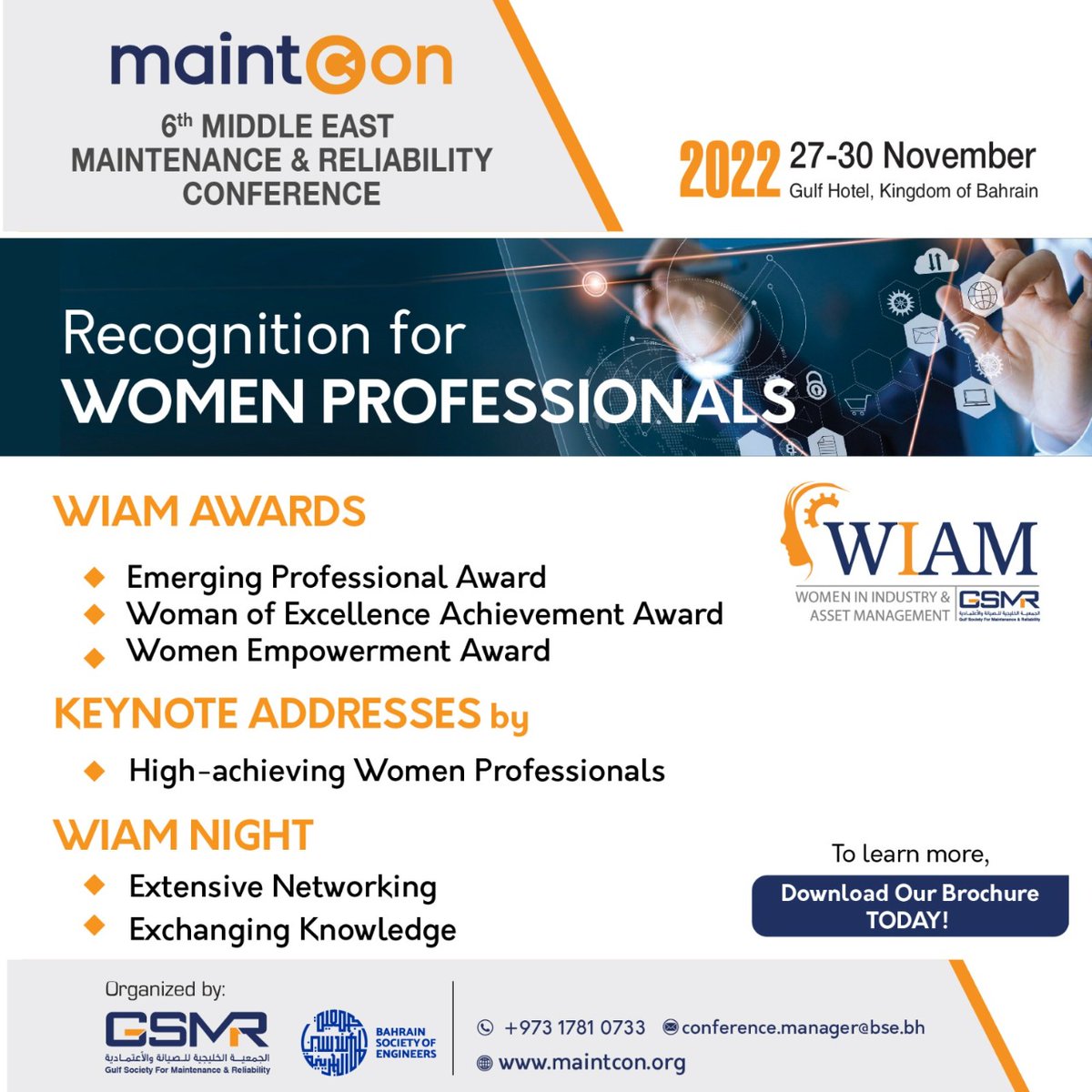 Maintcon2024's tweet photo. We are committed to promoting inclusive growth and gender equality at Maintcon. #WIAM #maintcon #maintcon2022 #conference #exhibition #oilandgas #energy #maintenance #reliability #assetmanagement #GCC #MiddleEast https://t.co/1yGEhQBDH2