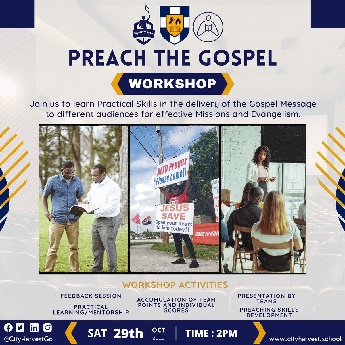 CityHarvestGo's tweet photo. City Harvest School in Collaboration with Mighty Man Ministries &amp; Worthy Woman Ministries brings your way the Preach The Gospel Workshop. Come and lets learn to preach the gospel.
Date: Saturday, 29th October, 2022
Time: 2:00 PM
Live on Zoom https://t.co/0uDcZVt4uD https://t.co/H1WXLfmWdM