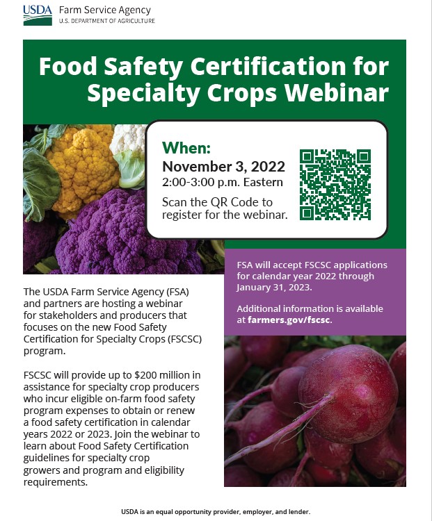 LocalFoodSafety's tweet photo. Do you grow specialty crops? Have you sold less than $500k worth of specialty crops, each year, for the past 3 years? If so, FSA can help reimburse some costs associated with getting or renewing your on-farm food safety plan and certification! 

Register: https://t.co/EI7waxzhux https://t.co/Gc7WmuY07X