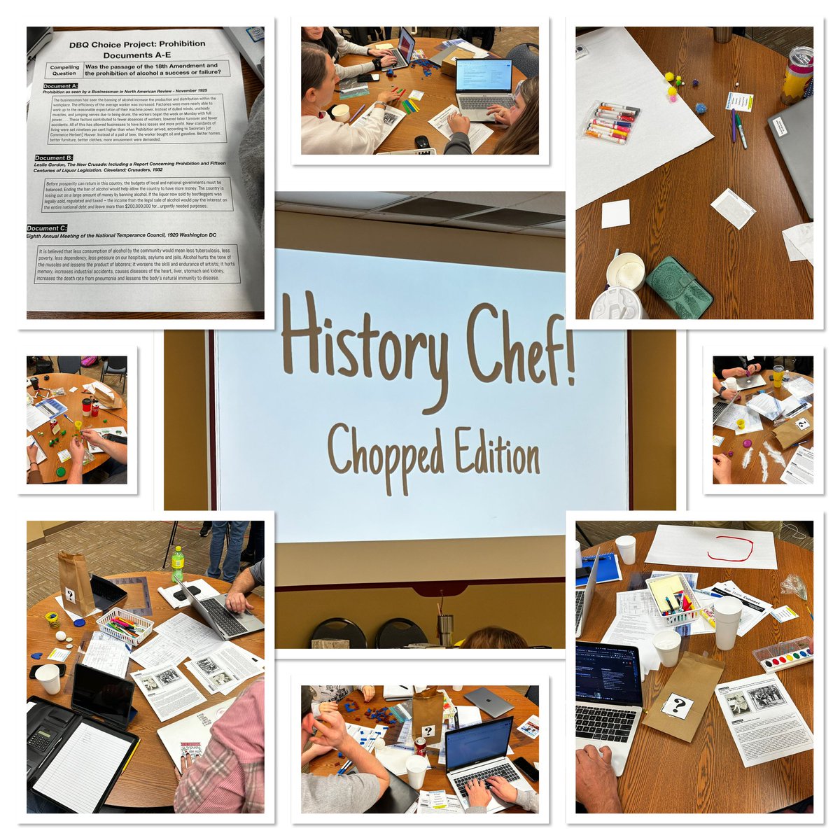 KSDEtchrleaders's tweet photo. Focused and Fun! Teachers Tricked into learning while tackling the Chopped Mystery Bag Challenge over the 18th Amendment. #KSHGSS #compellingquestions @glennw98 https://t.co/FE8Nu8yNoX