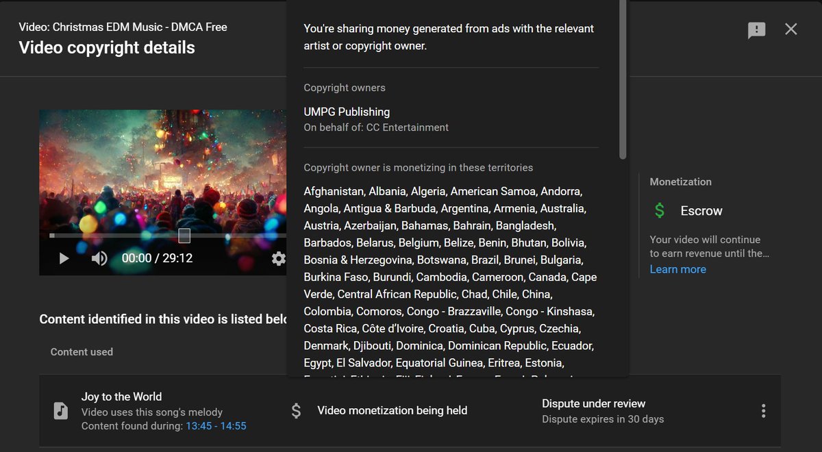 Here we go again. <a href="/UMPG/">Universal Music Publishing Group</a> wants to claim Joy to the World...again. Just had this last month on the Bardcore version (but not the Jazz or Orchestra versions) <a href="/YouTube/">YouTube</a> and <a href="/YouTubeCreators/">YouTube Creators</a> needs to start penalizing big corporate who do this.  You cannot claim a PUBLIC DOMAIN song