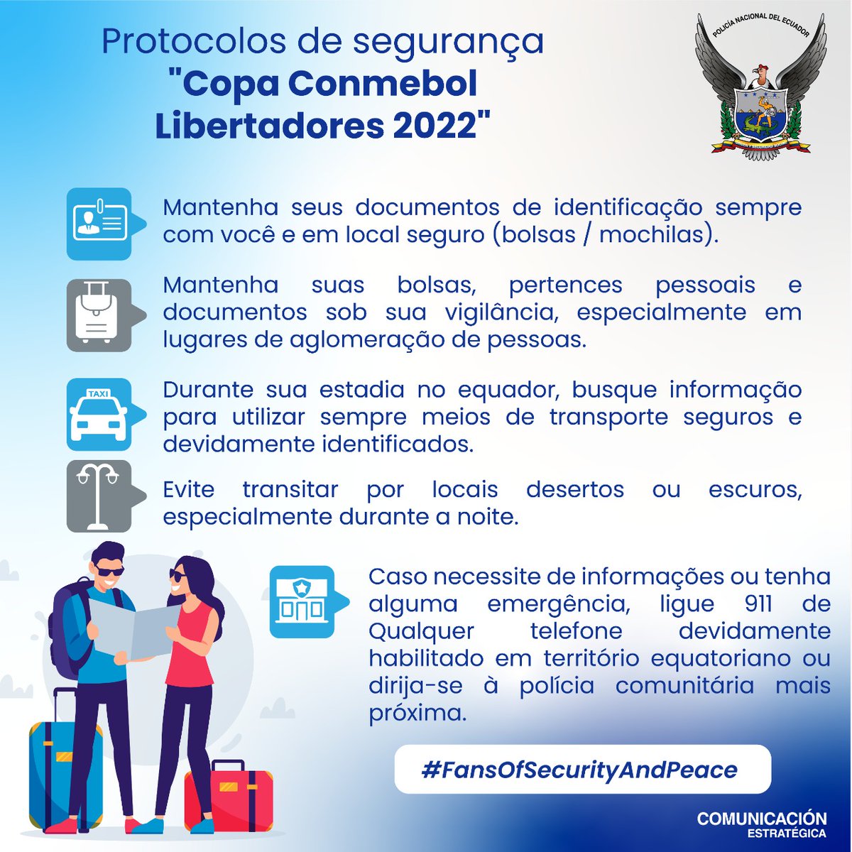 PoliciaEcuador's tweet photo. IMPORTANTE 

Toma en cuenta estas recomendaciones. 

IMPORTANTE

Tenha em consideração essas recomendações.

@Libertadores 
@EmbajadaEcuBRA
@CONMEBOL
#LaPolicíaCuidaDeTi https://t.co/HmRfe44ZRU