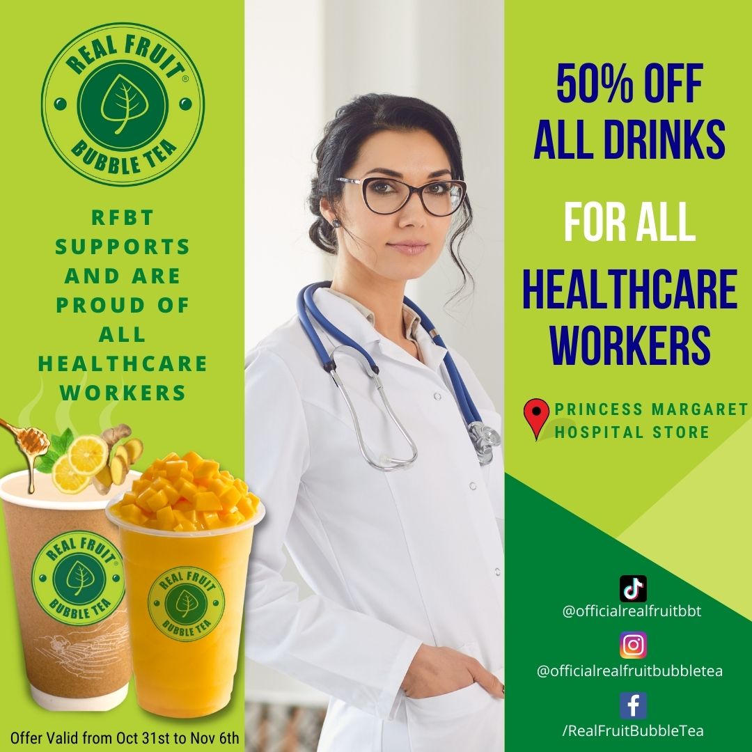 RFBubbleTea's tweet photo. As an Appreciation Week, RFBT will be giving 50% OFF ALL DRINKS to healthcare workers!

Where?
📍Princess Margaret Hospital RFBT Store
610 University Ave, Toronto, ON M5G 2C1
When?
🗓 October 31 to November 6, 2022
How? 
🩺 Just show your employee credentials https://t.co/FBPgQuaX1c