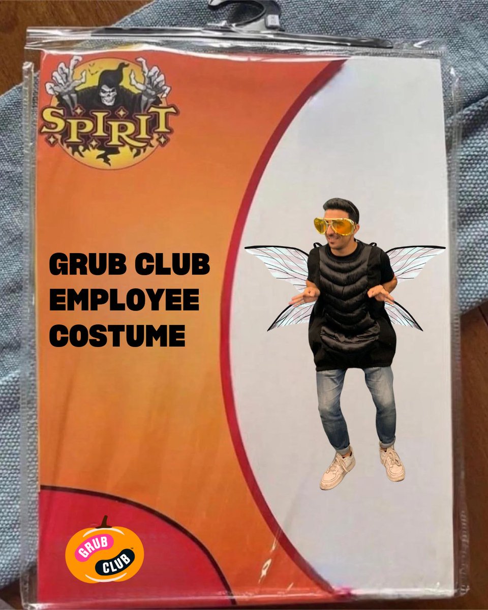 Jump on the BUG BANDWAGON today with this high quality, authentic Grub Club employee costume. Elton John glasses not included. #halloweencostume #Halloween2022 #bugstastebest #mygrubclub #flyingwithoutwings