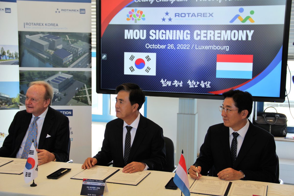 RotarexGlobal's tweet photo. Yesterday, #Rotarex had the honor of hosting a delegation from South Korea for the signing of a MoU at our HQ in Lintgen. This new agreement 🤝 seals our partnership with South Korea, the Chungnam province &amp; the city of Asan where we invested to build our new plant. https://t.co/jKSjlgcO5r